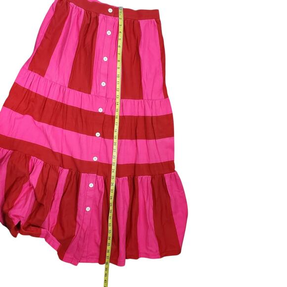 MDS Stripes Knit Tiered Button Front Maxi Skirt Size 2/M Pink Red Cotton Pockets - Picture 13 of 14